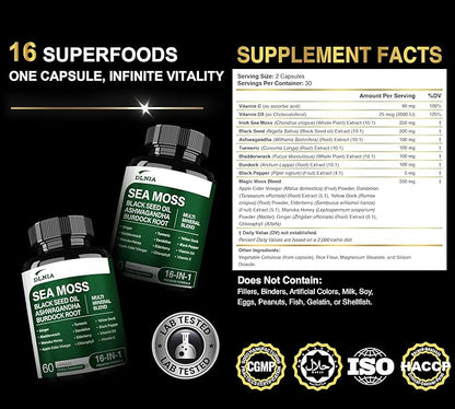 16-in-1 Organic Sea Moss, Ashwagandha, Black Seed Oil, Turmeric, Bladderwrack Burdock, Vitamin C & D3 with Elderberry Manuka Dandelion Yellow Dock
