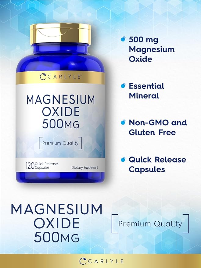 Carlyle Magnesium Oxide 500mg | 120 Capsules | Premium Quality | Non-GMO and Gluten Free Supplement