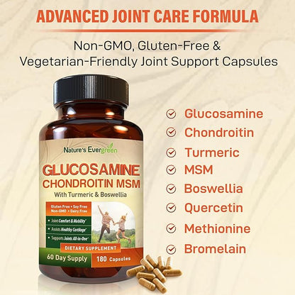 Glucosamine Chondroitin MSM with Turmeric & Boswellia Supplement | Joint Support Supplement Glucosamine Sulfate 1500mg | Joint Health Chondroitin Sulfate MSM Supplement for Women & Men - 180 Capsules