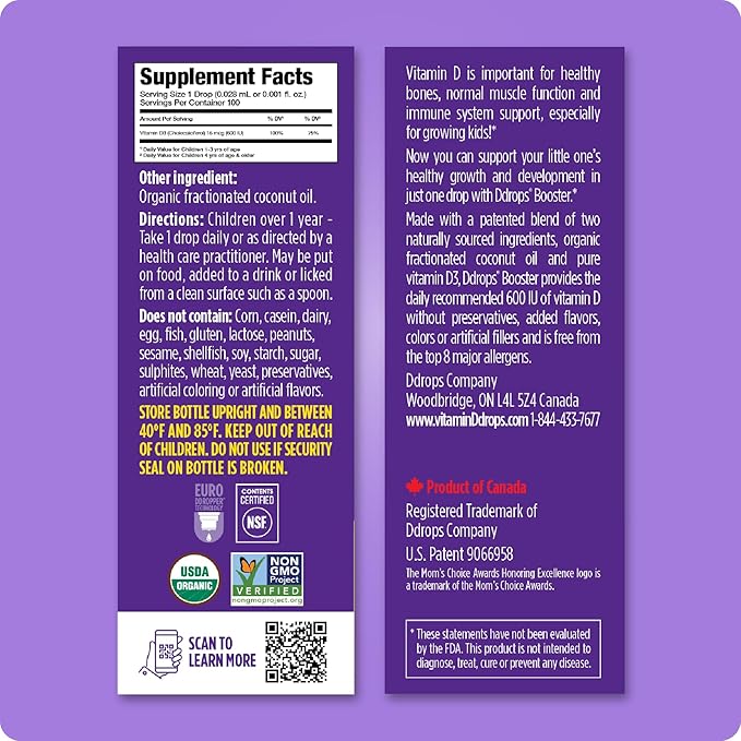 Ddrops Kids Booster 600IU 100 Drops - Daily Liquid Vitamin D for Kids. Support Strong Bones & Immune System in Children. No Preservatives, No Sugar, Non-GMO, Allergy-Friendly