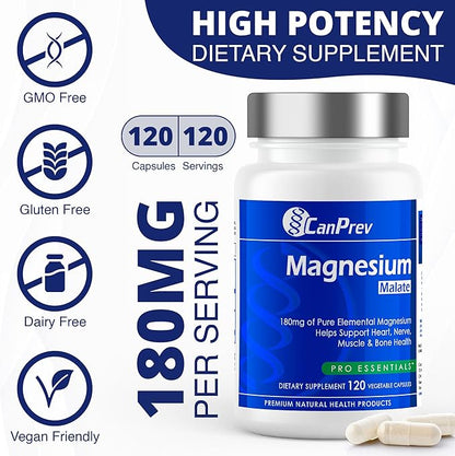 CanPrev Magnesium Malate, 120 Veg Caps, 120-Day Supply, 180mg Elemental Magnesium & 540mg Malic Acid, Vegan & Non-GMO, Supports Relaxation, Energy, Muscle Function, Bone Strength & Overall Well-Being