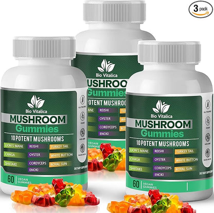 BIO VITALICA Mushroom Gummies - Lions Mane Gummies for Adults with 10 - Blend Mushrooms Complex Reishi, Chaga, Cordyceps, Turkey Tail, & More - Mushroom Supplement - Parental (3)