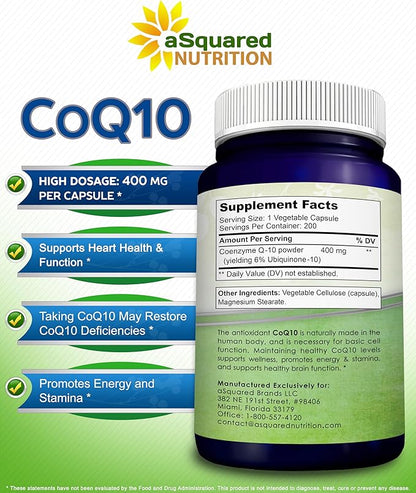 aSquared Nutrition CoQ10 (400mg Max Strength, 200 Capsules) - High Absorption Vegan Coenzyme Q10 Powder - Ubiquinone Supplement Pills, Extra Antioxidant CO Q-10 Enzyme Vitamin Tablets, Coq 10 400 mg