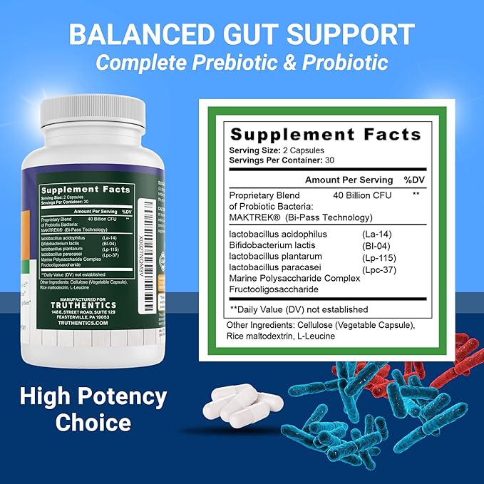 TRUTHENTICS Probiotic 40 Billion CFU with Prebiotics - Bifidobacterium Lactobacillus Acidophilus & Paracasei Probiotics for Men & Women - Gluten Free, Non-GMO, Shelf Stable - Made in USA - 60 Capsules