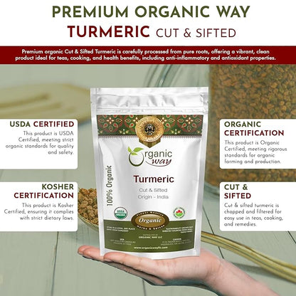 Organic Way Turmeric/Haldi Root Cut & Sifted (Curcuma longa) - Herbal Tea | Kosher & USDA Certified | Vegan, Non-GMO & Gluten Free | Tested for Heavy Metal and Purity | 100% Raw from India (1LBS / 16Oz.)