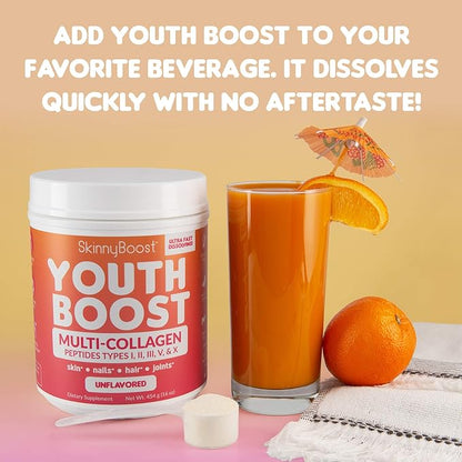 SkinnyBoost Instant Skinny Coffee Unflavored + Youth Boost Multi-Collagen Peptides Unflavored Bundle – Slimming Coffee & Collagen for Skin, Hair, Joints