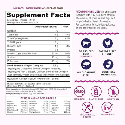 Multi Collagen Peptides Powder for Women - Hydrolyzed Chocolate Collagen Powder for Women with Types I II III V & X Vitamin C & Hyaluronic Acid for Hair Skin and Nails (Chocolate) - 30 Servings