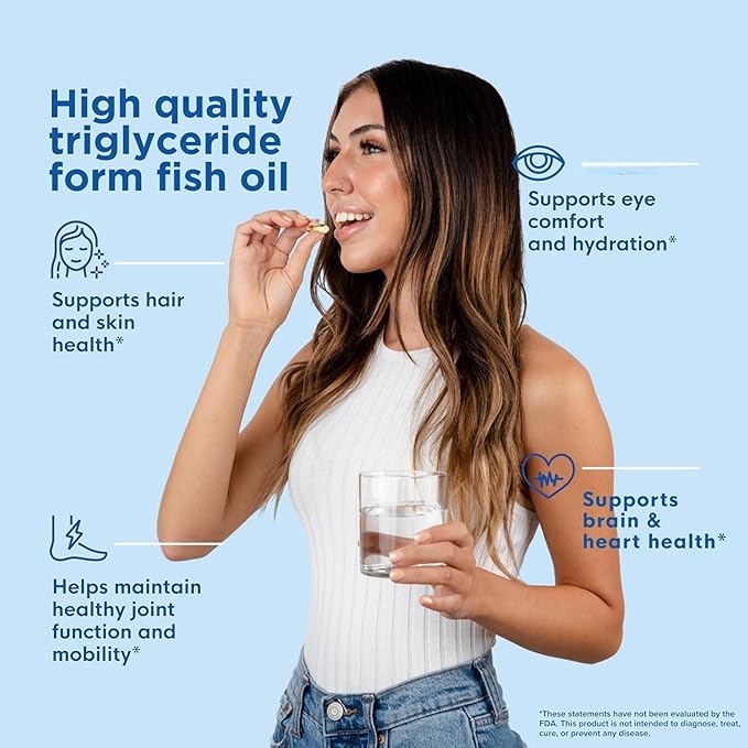 Triglyceride Omega 3 Fish Oil – High EPA & DHA for Eye, Joint, Heart & Brain Support – Omega-3 Fatty Acids - Lemon Flavor – 180 Softgels – 90 Day Supply