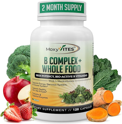 Vitamin B Complex - B Vitamins Whole Food Supplement, B12 Methylcobalamin, B1, B2, B3, B5, B6, B7, B9 - for Stress, Energy and Immune Support, Vegan, 120 Capsules