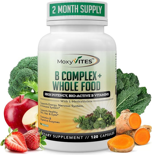 Vitamin B Complex - B Vitamins Whole Food Supplement, B12 Methylcobalamin, B1, B2, B3, B5, B6, B7, B9 - for Stress, Energy and Immune Support, Vegan, 120 Capsules
