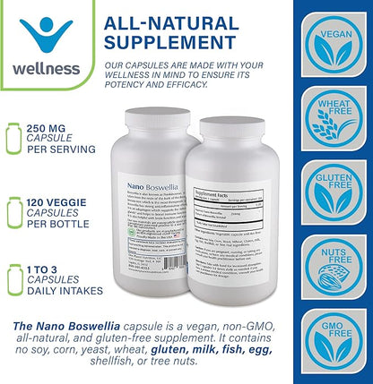 Nano Boswellia 250 mg Veggie Capsules (120 Servings), Boswellia serrata Resin, Supports Cognitive Function for Brain Health, Non-GMO, Vegan, Gluten-Free