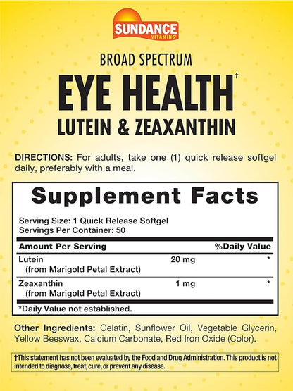 Sundance Lutein and Zeaxanthin Supplement | 50 Softgels | for Eye Health | Non-GMO and Gluten Free Formula