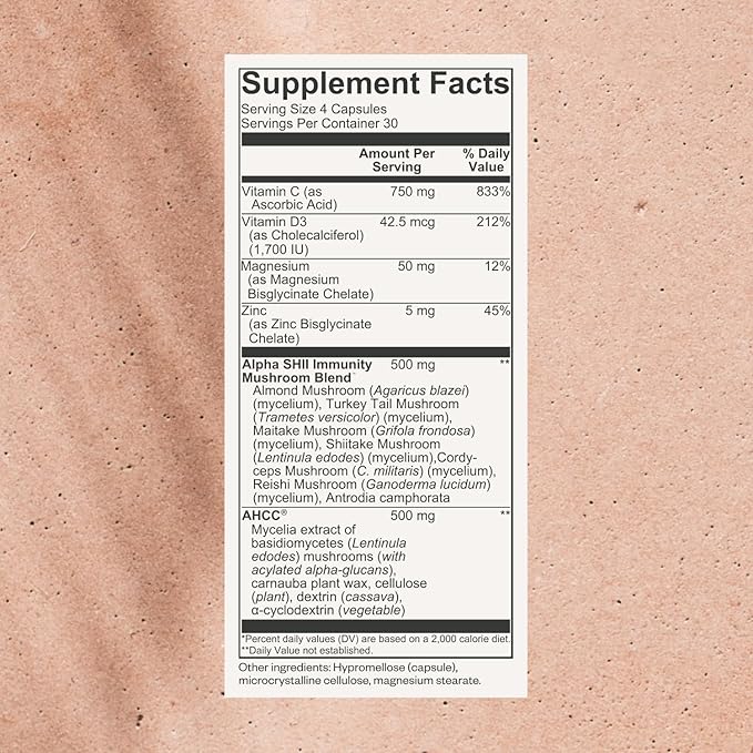 SHII Advanced Daily Immune Support Supplement, 500mg AHCC per Serving, AHCC Supplement with Vitamin D3, Vitamin C, and Zinc, Vegan, Gluten Free, Sugar Free, 120 Mushroom Capsules