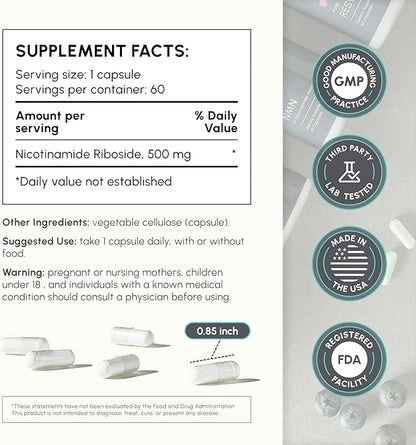 Nicotinamide Riboside (NR) 500mg – NR Supplement for Cellular Health, Anti-Aging, Energy & Metabolism Support – 2-Month Supply (60 Capsules)
