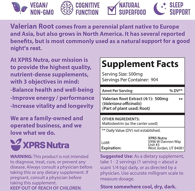 XPRS Nutra Valerian Root Extract Powder 4:1 - Premium Valerian Root Powder for Cognition - Vegan Friendly Herbal Sleep Support (16 Ounce)