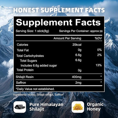 Shilajit Honey Sticks- 30 Sticks Himalayan Shilajit Honey Sticks Organic Honey & Saffron for Energy,Strength & Cognitive Support for Men & Women