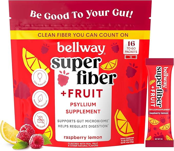 Bellway Super Fiber Packets + Fruit, Sugar Free Organic Psyllium Husk Powder Fiber Supplement to Go for Regularity, Bloating Relief & Gut Health, Non-GMO, Plant-Based, Raspberry Lemon (16 Packets)