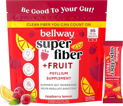 Bellway Super Fiber Packets + Fruit, Sugar Free Organic Psyllium Husk Powder Fiber Supplement to Go for Regularity, Bloating Relief & Gut Health, Non-GMO, Plant-Based, Raspberry Lemon (16 Packets)