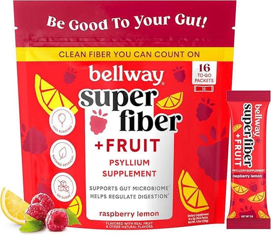 Bellway Super Fiber Packets + Fruit, Sugar Free Organic Psyllium Husk Powder Fiber Supplement to Go for Regularity, Bloating Relief & Gut Health, Non-GMO, Plant-Based, Raspberry Lemon (16 Packets)