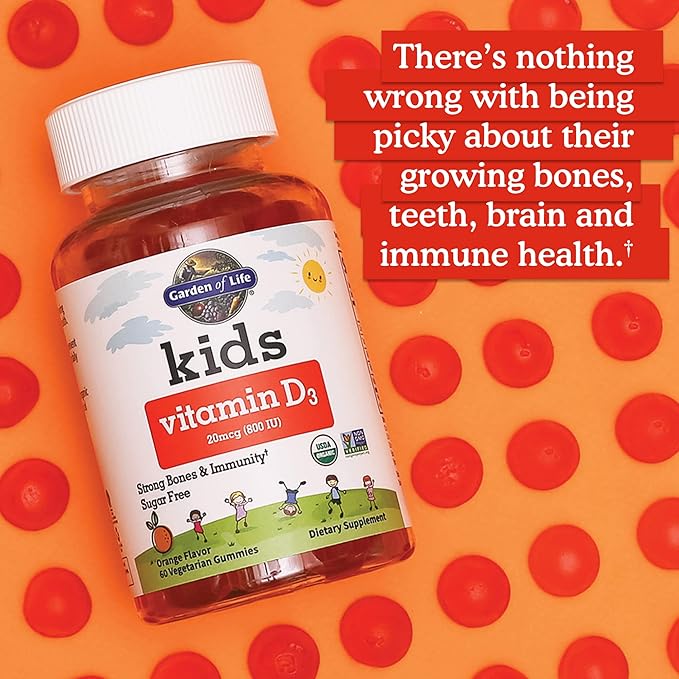 Garden of Life Kids Organic Vitamin D3 Gummies with 800 IU (100% Daily Value) for Strong Bones, Teeth, Brain & Immunity – Non-GMO, No Gluten, Vegetarian, Sugar Free, Orange Flavor, 60 Servings
