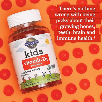 Garden of Life Kids Organic Vitamin D3 Gummies with 800 IU (100% Daily Value) for Strong Bones, Teeth, Brain & Immunity – Non-GMO, No Gluten, Vegetarian, Sugar Free, Orange Flavor, 60 Servings