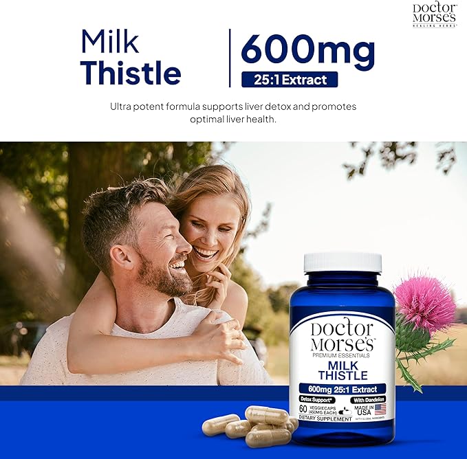 Doctor Morse Milk Thistle Supplement 25:1 Extract 600mg Equivalent to 15000mg, Liver Detox Support 4:1 Extract 300mg Equivalent to 1200mg Dandelion Root - FDA Certified Ultra Potent Formula - 60 Caps