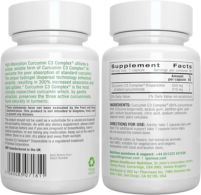 Igennus Advanced Curcumin C3 Complex, 300% Greater Absorption & Rapid Uptake, 95% Standardised Extract, 90 Servings, Clean Label, Vegan Supplement, 1-a-Day, 90 Capsules