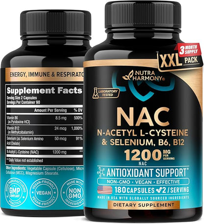 NAC Supplement | Selenium | B6 | B12 - Antioxidant, Immune Support - N Acetyl Cysteine 600 mg per Capsule, 1200 mg per Serving - Made in USA - Non-GMO, Gluten-Free, Vegan - 180 Caps, 3 Month Supply