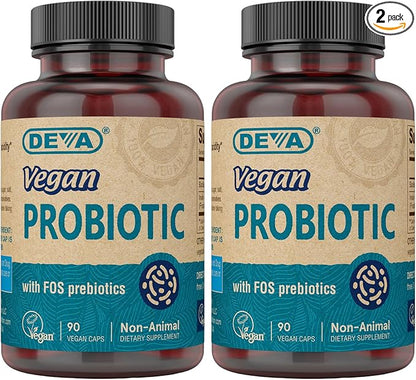 DEVA Vegan Probiotic with FOS Prebiotics Supplement - 2 Billion CFU with 100 MG of Prebiotics Per Serving for Men & Women - Non-Dairy Gluten Free - Naturally Shelf Stable - 90 Capsules (Pack of 2)