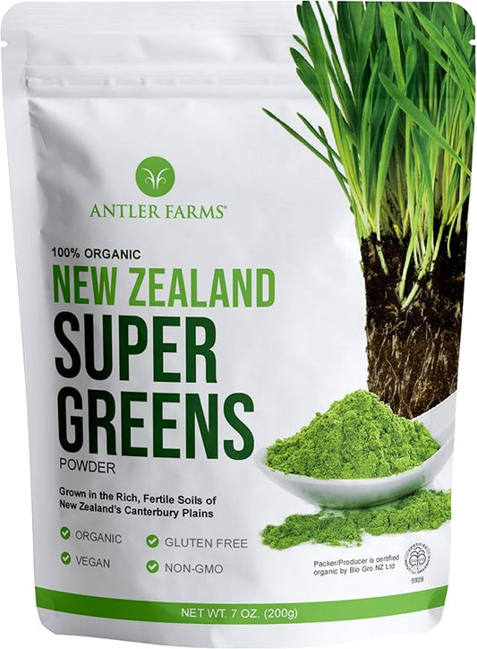 Antler Farms - 100% Pure Organic New Zealand Super Greens Powder, 40 Servings, 200g - Wheat Grass, Barley Grass, Chlorella, Spirulina - Vegan, Gluten Free, Chlorophyll Rich, for Energy and Detox