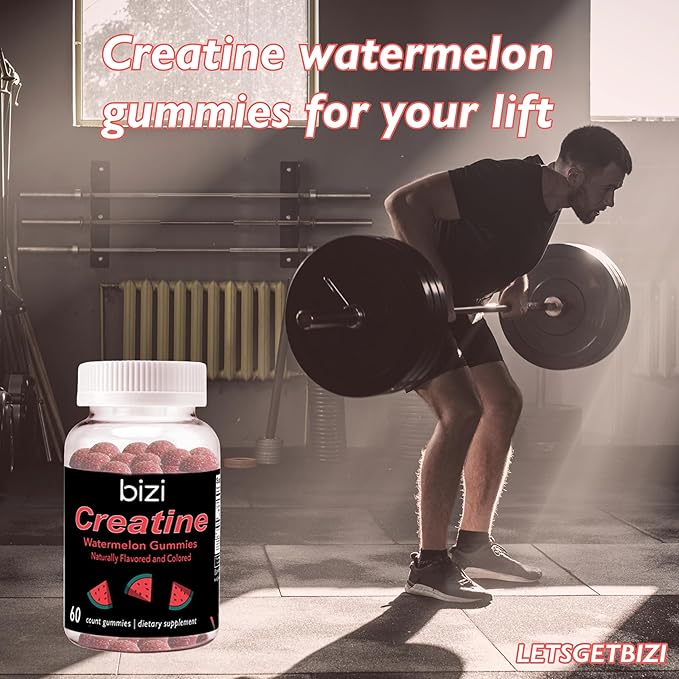 Bizi Creatine Watermelon Gummies for Men & Women, Creatine Monohydrate Gummies, Watermelon Flavor Creatine Gummy, Workout, Muscle Growth, & Recovery Supplement, Vegan & Gluten Free (60 ct)