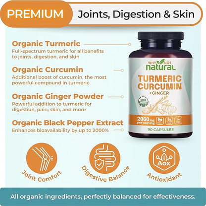 Organic Turmeric Curcumin Supplement in Capsules with Ginger and Black Pepper - Tumeric