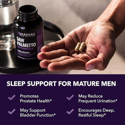 Saw Palmetto PM for Men with Melatonin 3mg - Night Time Prostate Health Supplement for Bladder and Sleep Support - Reduce Urinary Frequency - 200 Count - Vegan, Non-GMO Capsules - Over 6 Month Supply