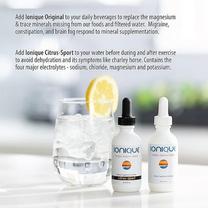NEW Ionique Mineral Supplement for Water - Magnesium, Trace Mineral & Electrolyte Hydration System, Support for Migraine, Constipation, Brain Fog, Muscle Cramps, Sleep, One 2 oz bottle of Liquid Drops