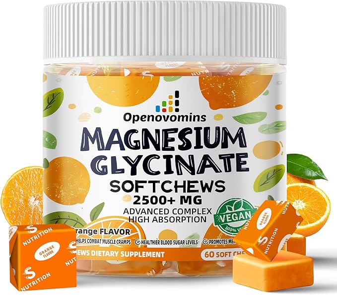 Magnesium Glycinate Soft Chews, Orange Flavor.Chewable Sugar Free Potassium Magnesium Chews with Magnesium Glycinate, Vitamin D, B6, and CoQ10 for Calm Support & Sleep for Adults, 60 Days Supply