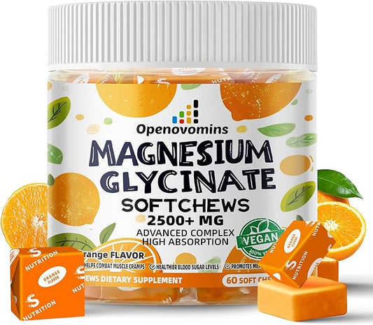 Magnesium Glycinate Soft Chews, Orange Flavor.Chewable Sugar Free Potassium Magnesium Chews with Magnesium Glycinate, Vitamin D, B6, and CoQ10 for Calm Support & Sleep for Adults, 60 Days Supply