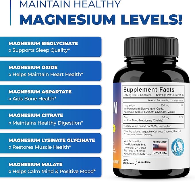 Magnesium Complex Supplement 90 Capsules 500mg | with Magnesium Glycinate, Lysinate Glycinate, Citrate, Oxide, Aspartate, Malate & Zinc | High Absorption Vegetarian Capsules | for Men and Women