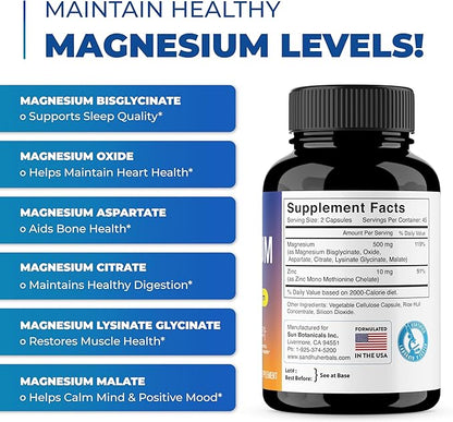 Magnesium Complex Supplement 90 Capsules 500mg | with Magnesium Glycinate, Lysinate Glycinate, Citrate, Oxide, Aspartate, Malate & Zinc | High Absorption Vegetarian Capsules | for Men and Women