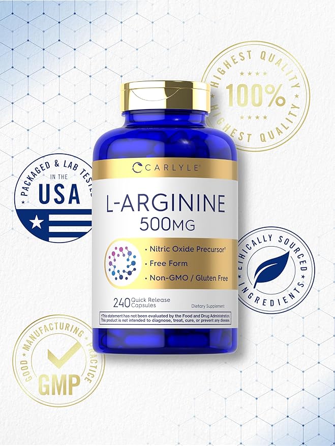 Carlyle L-Arginine 500mg Capsules | 240 Count | Free Form | Non-GMO & Gluten Free Supplement