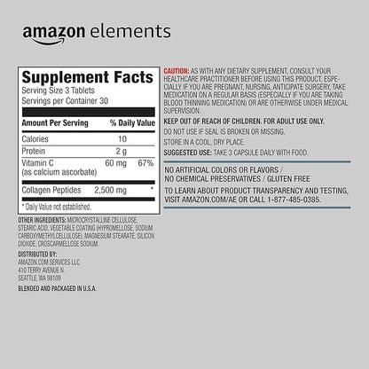 Amazon Elements Collagen Peptides + Vitamin C, 2500 mg Collagen Peptides per Serving, 90 Tablets, 1 Month Supply