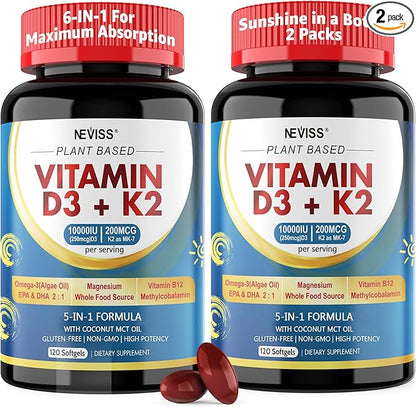 Vitamin D3 K2 -Vitamin D3 10000iu & K2 (Mk-7) 200mcg, Magnesium, Omega 3, Methyl B12, MCT Oil for Optimal Absorption, D3K2 Vitamin & Magnesium Supplement for Bone, Muscle, Immune Health, 240 Softgels