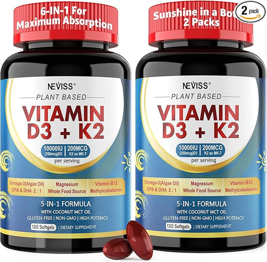 Vitamin D3 K2 -Vitamin D3 10000iu & K2 (Mk-7) 200mcg, Magnesium, Omega 3, Methyl B12, MCT Oil for Optimal Absorption, D3K2 Vitamin & Magnesium Supplement for Bone, Muscle, Immune Health, 240 Softgels