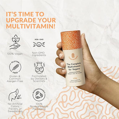 Complete Vegan Multivitamin with Iron, Omega 3, Vitamin D3, Folate, Zinc, Vitamin B12, & More - 100% Sustainable Vegan Vitamins - Non-GMO, Gluten Free, Made in The USA (30 Day Supply)