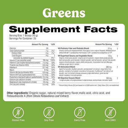 VitaHustle ONE Superfood Super Greens Powder with Prebiotics + Probiotics, Reduce Bloating, Detox, Gut Health, Spirulina, Chlorella, Digestive Enzymes (Berry Flavor, 25 Servings)
