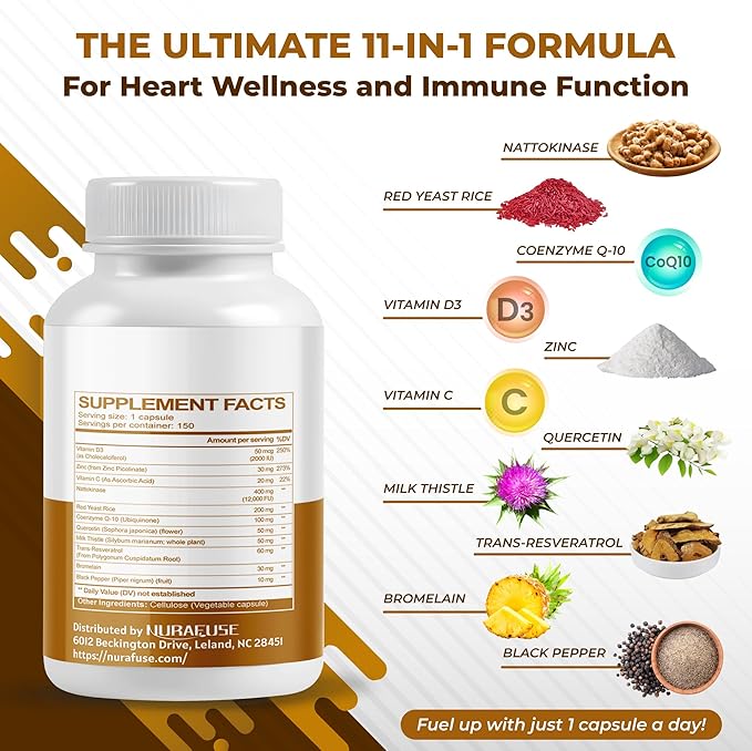 NATTOKINASE 11-in-1 Formula - with Red Yeast Rice Coenzyme Q-10 Quercetin, Milk Thistle, Resveratrol - Non-GMO, Gluten-Free, Soy-Free
