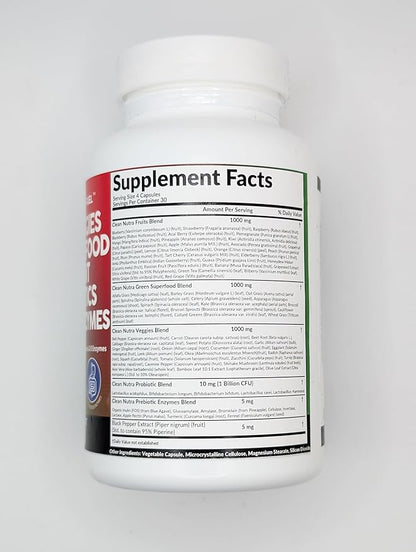 Clean Nutraceuticals Fruits and Veggies Supplement Reds & Green Superfood - Balance of Over 70 Fruit & Vegetable Supplements Capsules with Probiotics Prebiotics Digestive Enzymes - 120 Ct USA