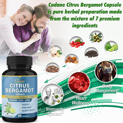 Organic Cadane 2 Packs Citrus Bergamot Extract Capsules with Berberine, Olive, Guggul, Garlic, Pine Bark, Black Pepper | 4 Months Supply