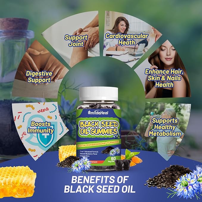 Black Seed Oil Gummies, Organic Black Cumin Seed Oil Gummies, Black Cumin Seed Oil Organic 500mg, Chewable Black Seed and Honey Gummies, Vegan, 60 Gummies