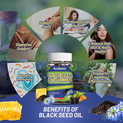 Black Seed Oil Gummies, Organic Black Cumin Seed Oil Gummies, Black Cumin Seed Oil Organic 500mg, Chewable Black Seed and Honey Gummies, Vegan, 60 Gummies