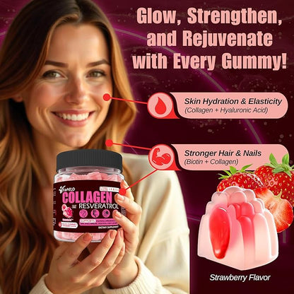 Multi Collagen Gummies Peptides Hydrolyzed Type I, II, III, V, X Plus Resveratrol Hyaluronic Acid & Biotin Gummies for Hair Skin and Nails Vitamins | Colageno Hidrolizado for Women & Men | Sugar Free